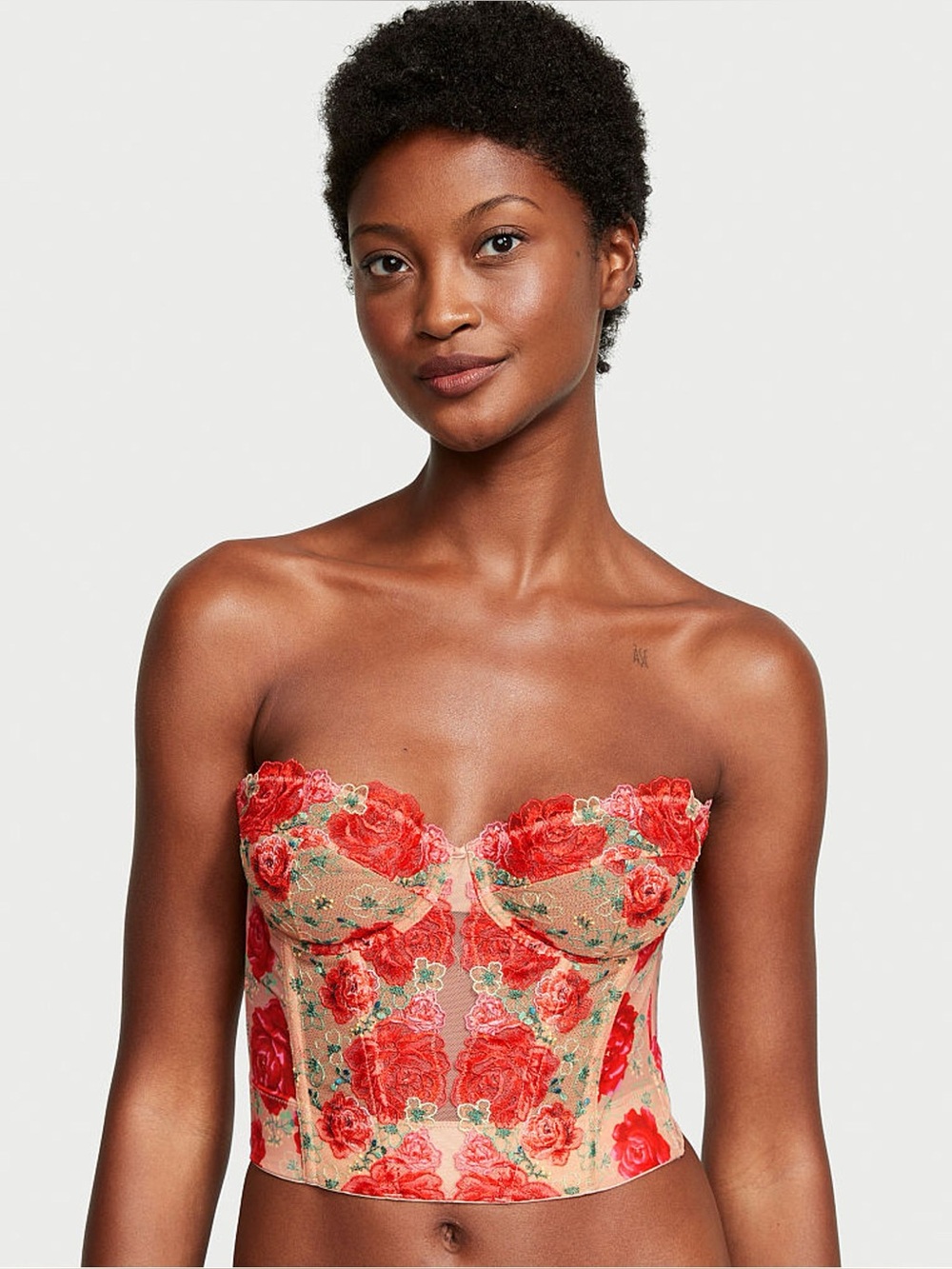 Victoria's Secret Tomato Red Embroidered Illuminating Blooms Corset Bra Top 34B